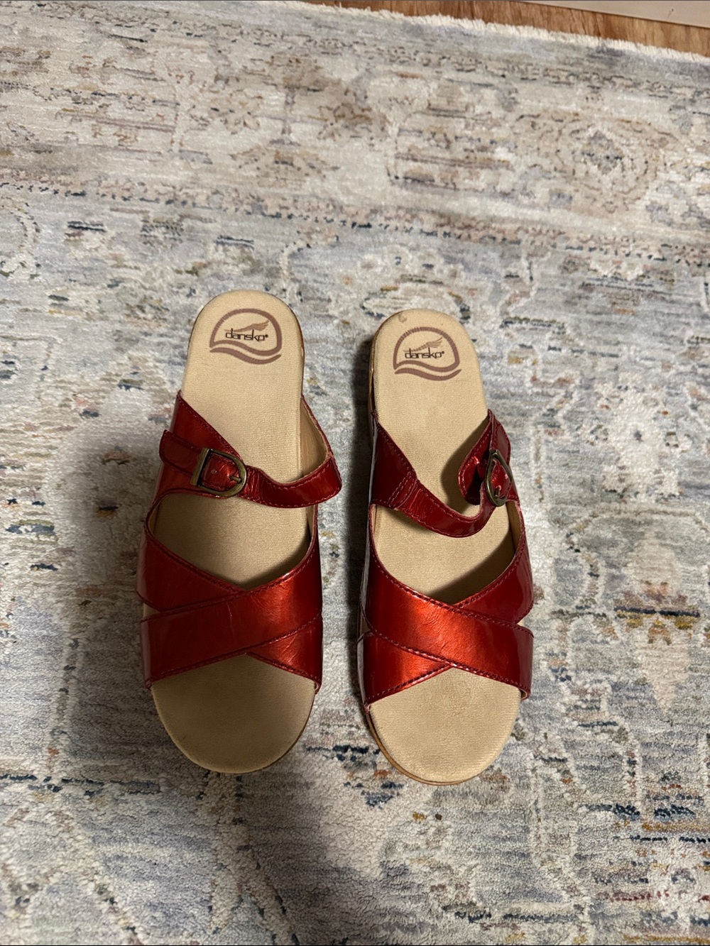 Dansko Sela Red Metallic Leather Crisscross Wedge Slide Sandals size 40